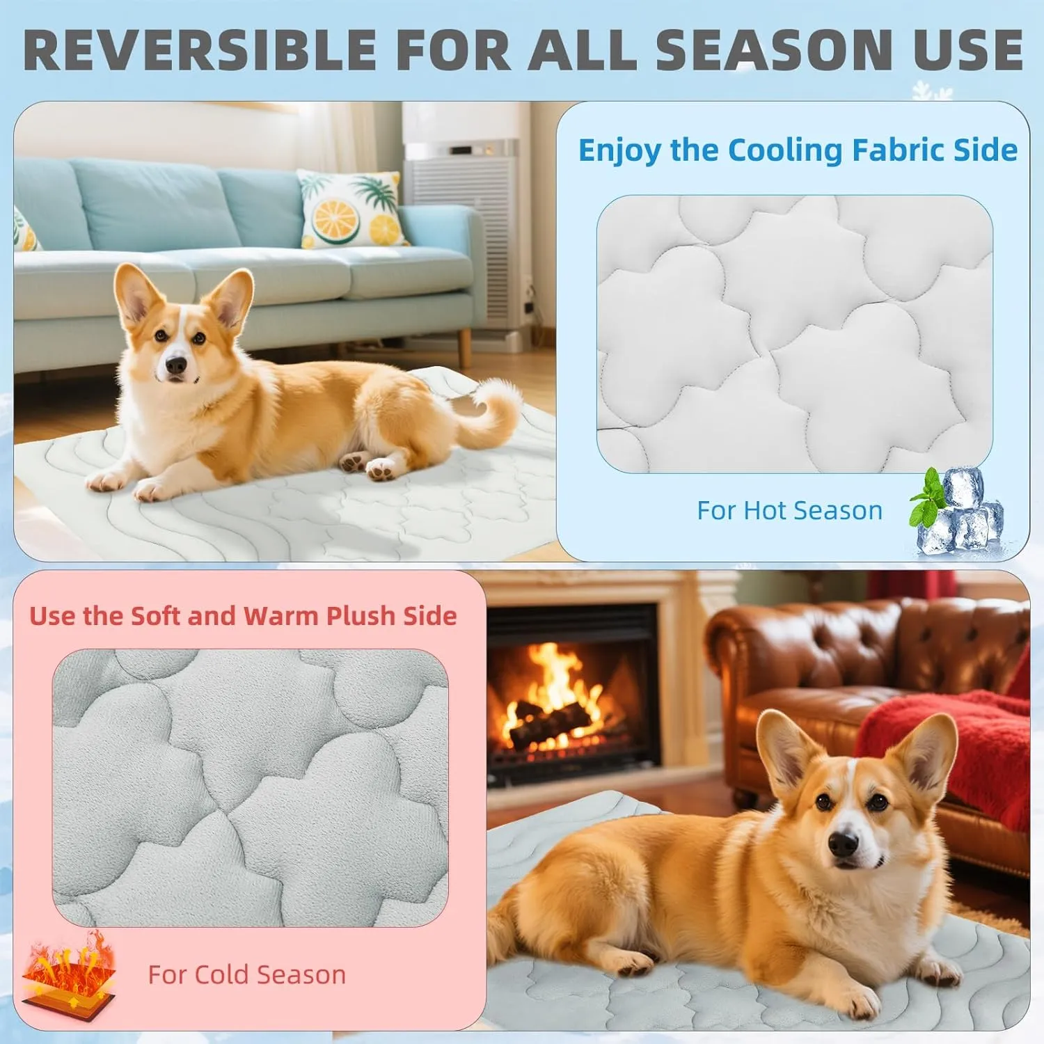PUPTECK Dog Cooling Mat, Pet Cool Pad Blanket Reversible (Cool & Warm) for Dogs Cats, Soft Thick Ice Silk on Kennel Floors Outdoor for All Season, Grey 48"x28"