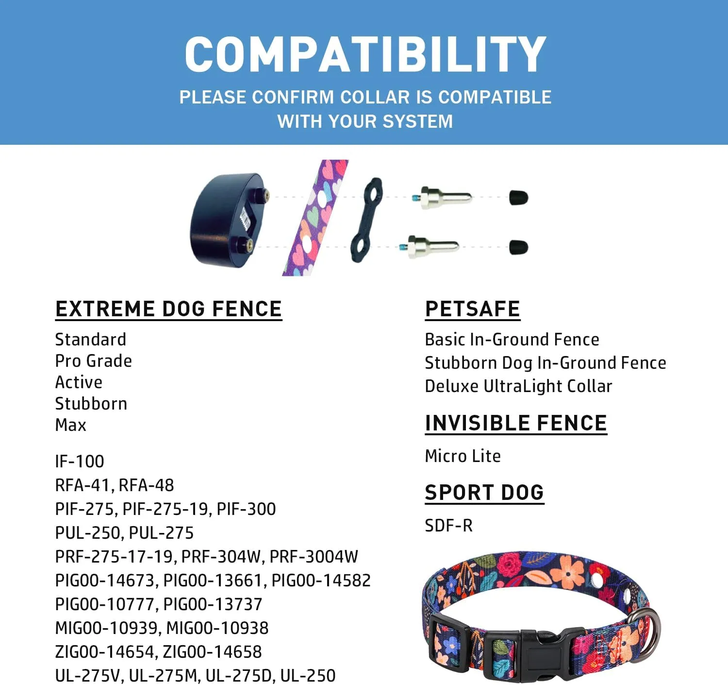 Rhea Rose 3/4 Inch Replacement Collar Strap Shock Collar with 2 Holes, Compatible with Nearly All Brands and Models of Underground Electric Dog Fences and Training Collars, Black Flowers Pattern