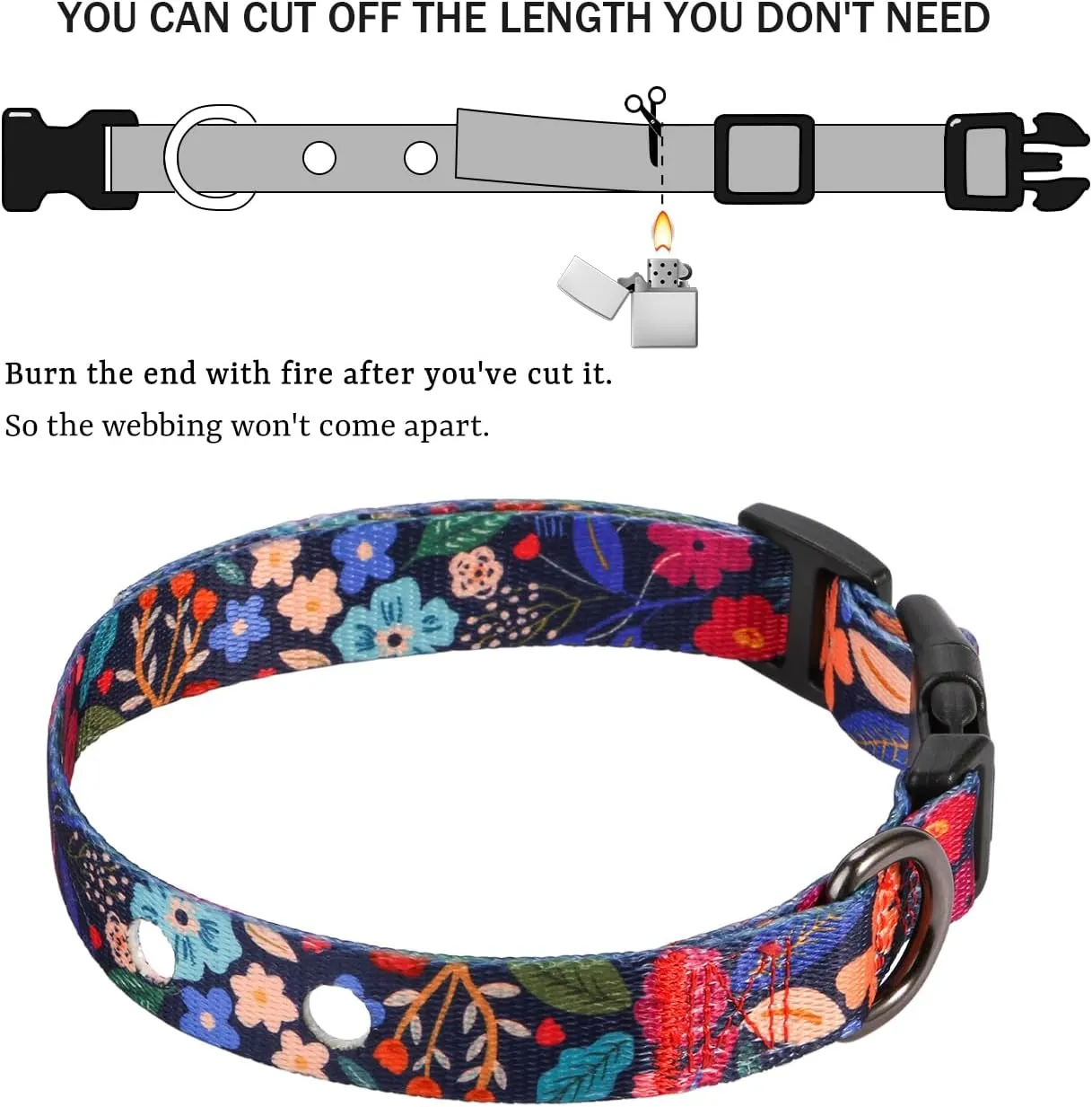 Rhea Rose 3/4 Inch Replacement Collar Strap Shock Collar with 2 Holes, Compatible with Nearly All Brands and Models of Underground Electric Dog Fences and Training Collars, Black Flowers Pattern