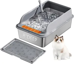 Stainless Steel Cat Litter Box for Multi-Cat Homes - High-Sided Anti-Leak Design,Large Cat Toilet Non-Stick Surface, Odorless & Easy Clean, Durable with Litter Mat & Scoop