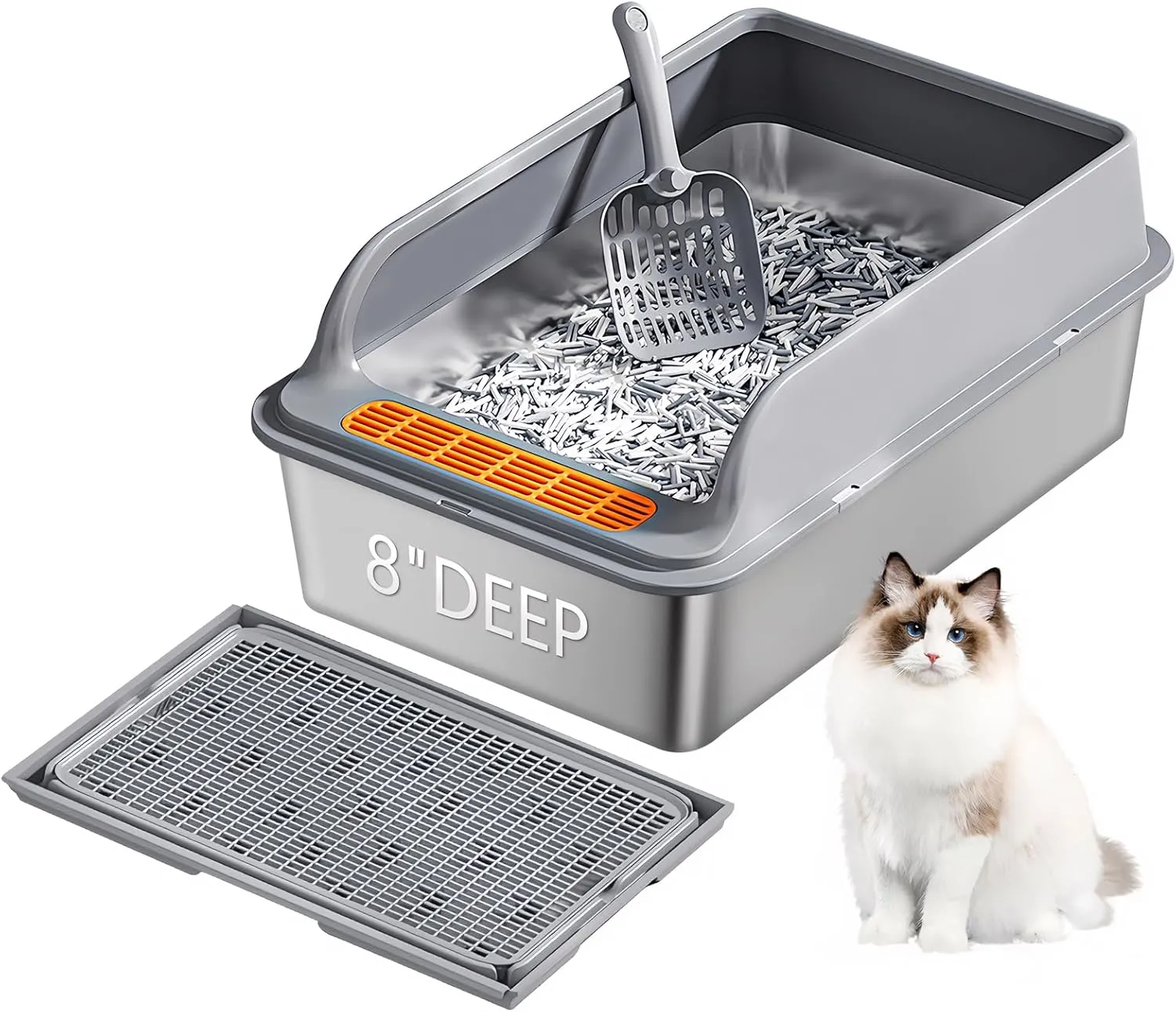 Stainless Steel Cat Litter Box for Multi-Cat Homes - High-Sided Anti-Leak Design,Large Cat Toilet Non-Stick Surface, Odorless & Easy Clean, Durable with Litter Mat & Scoop