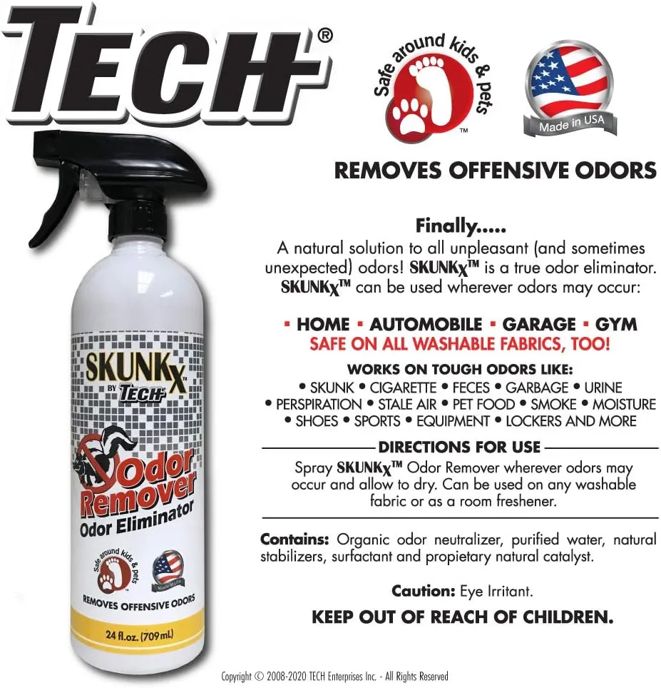 TECH Skunk-X Odor Eliminator Spray - Instant Odor Remover for Washable Fabrics and Indoor Spaces (24 Oz)
