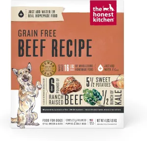 The Honest Kitchen Human Grade Dehydrated Grain Free Dog Food  Complete Meal or Dog Food Topper  Beef 4 lb (makes 16 lbs)