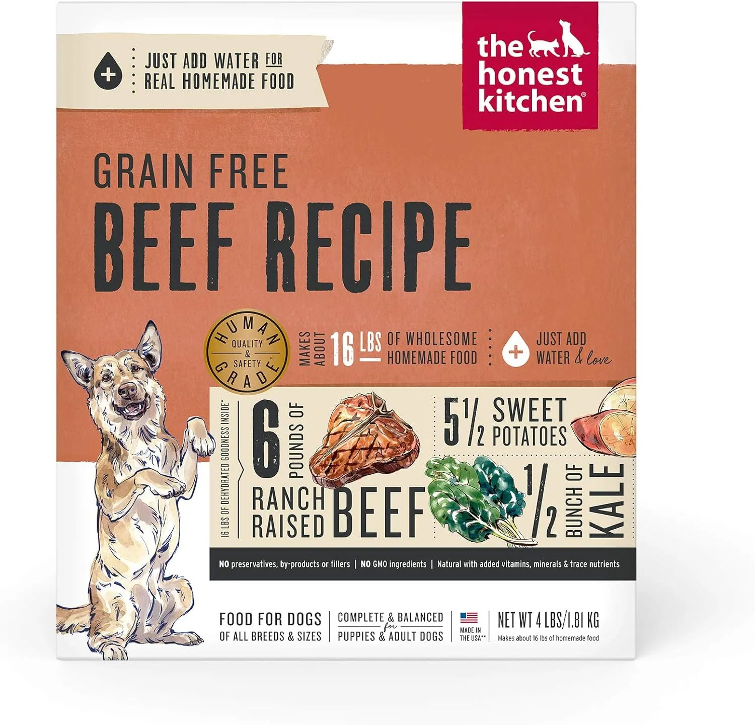 The Honest Kitchen Human Grade Dehydrated Grain Free Dog Food  Complete Meal or Dog Food Topper  Beef 4 lb (makes 16 lbs)