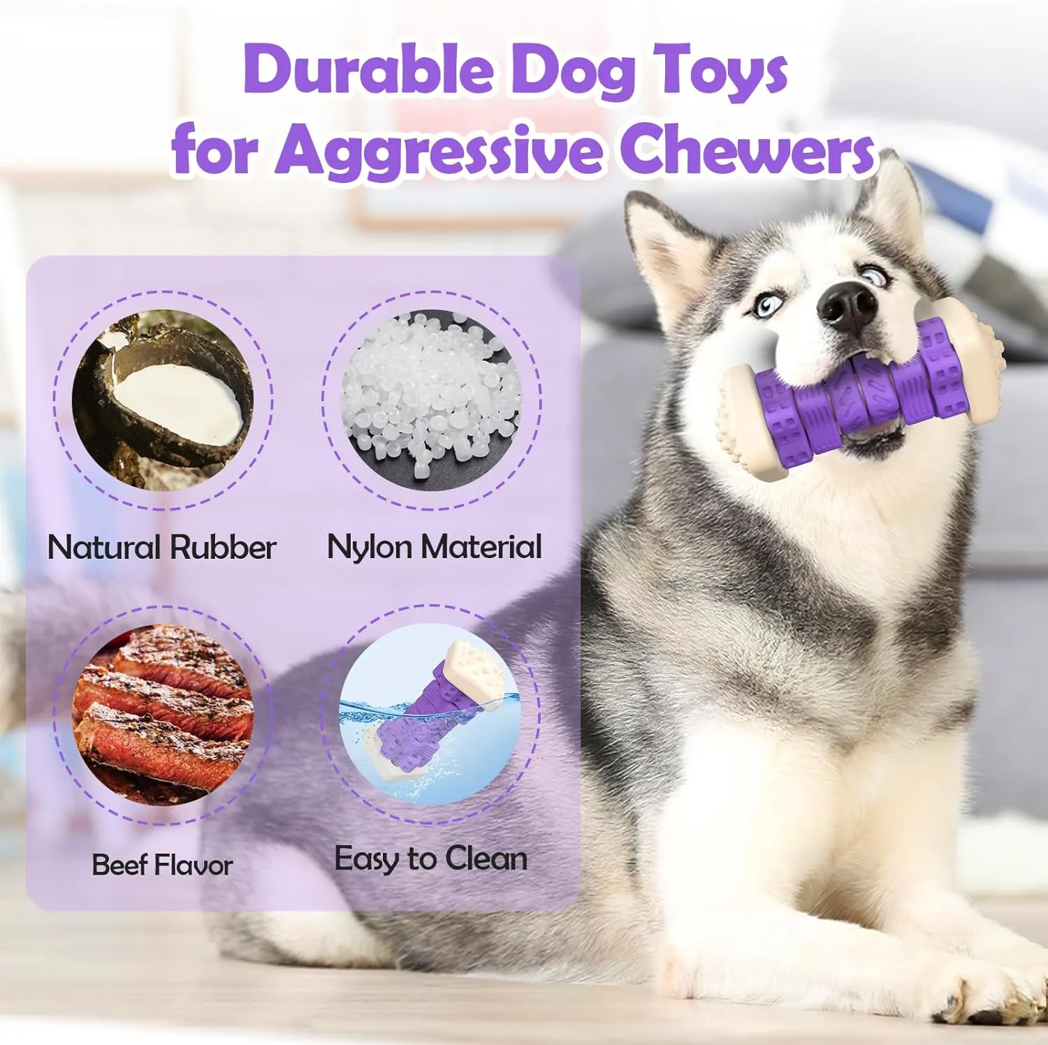 Tough Dog Toys for Aggressive Chewers - Indestructible Puzzle Toys with Beef Flavor Rubber, Interactive Enrichment Toys for Small, Medium, Large Dogs