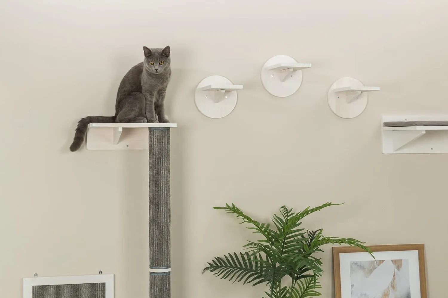TRIXIE Cat Wall Furniture Set 1 - Customizable Cat Wall Climbing Set - with Climbable Scratching Post and Elevated Plattform - with Durable Sisal Rope - in White/Gray