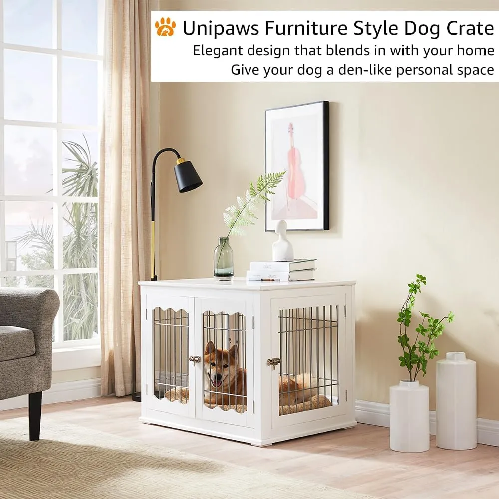 unipaws Furniture Style White Dog Crate for Medium Dogs, Indoor Aesthetic Puppy Kennel, Modern Decorative Wood Wire Pet House Dog Cage, Pretty Cute End Side Table Nightstand