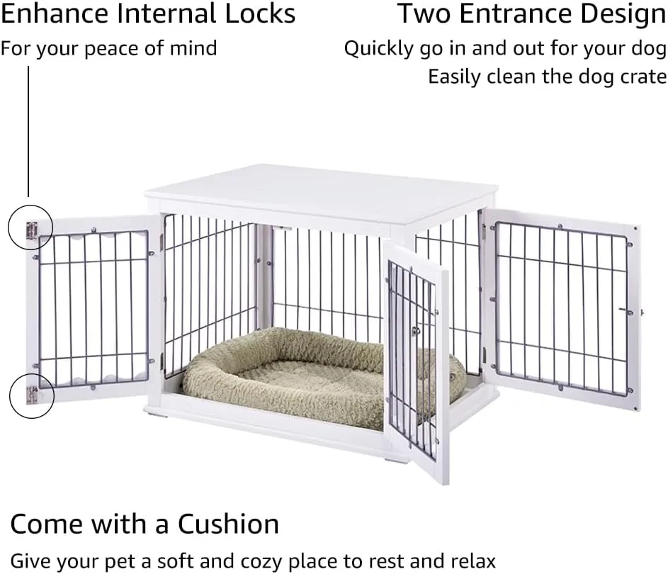 unipaws Furniture Style White Dog Crate for Medium Dogs, Indoor Aesthetic Puppy Kennel, Modern Decorative Wood Wire Pet House Dog Cage, Pretty Cute End Side Table Nightstand