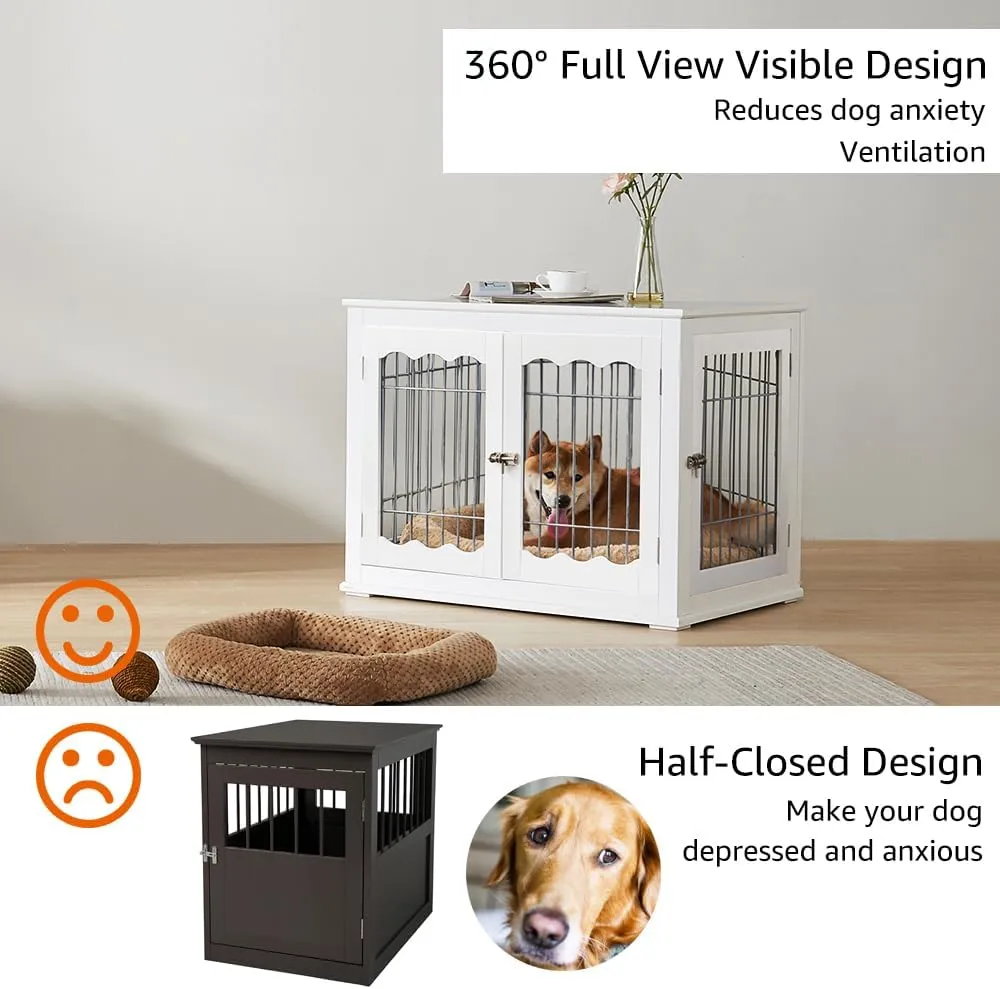 unipaws Furniture Style White Dog Crate for Medium Dogs, Indoor Aesthetic Puppy Kennel, Modern Decorative Wood Wire Pet House Dog Cage, Pretty Cute End Side Table Nightstand