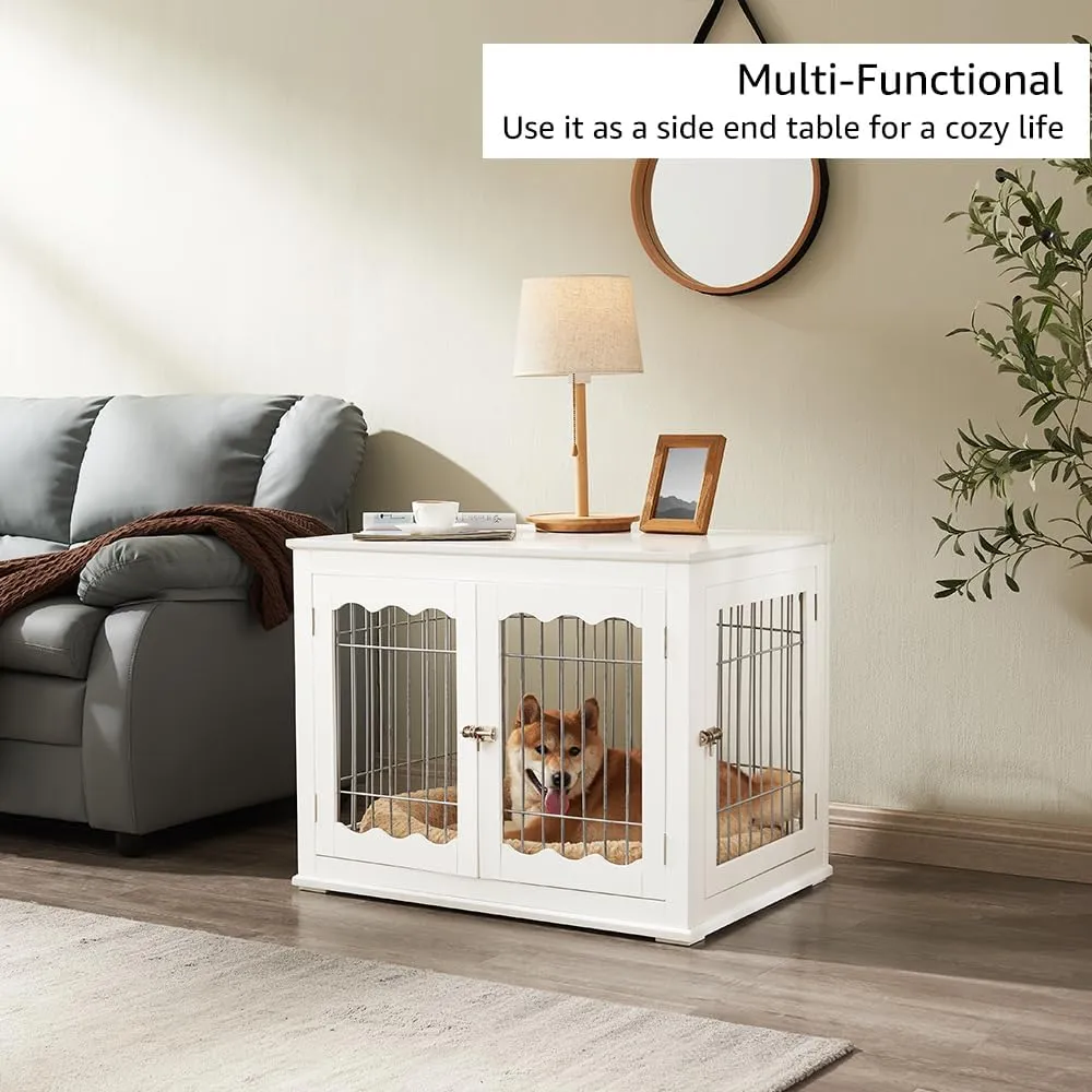unipaws Furniture Style White Dog Crate for Medium Dogs, Indoor Aesthetic Puppy Kennel, Modern Decorative Wood Wire Pet House Dog Cage, Pretty Cute End Side Table Nightstand