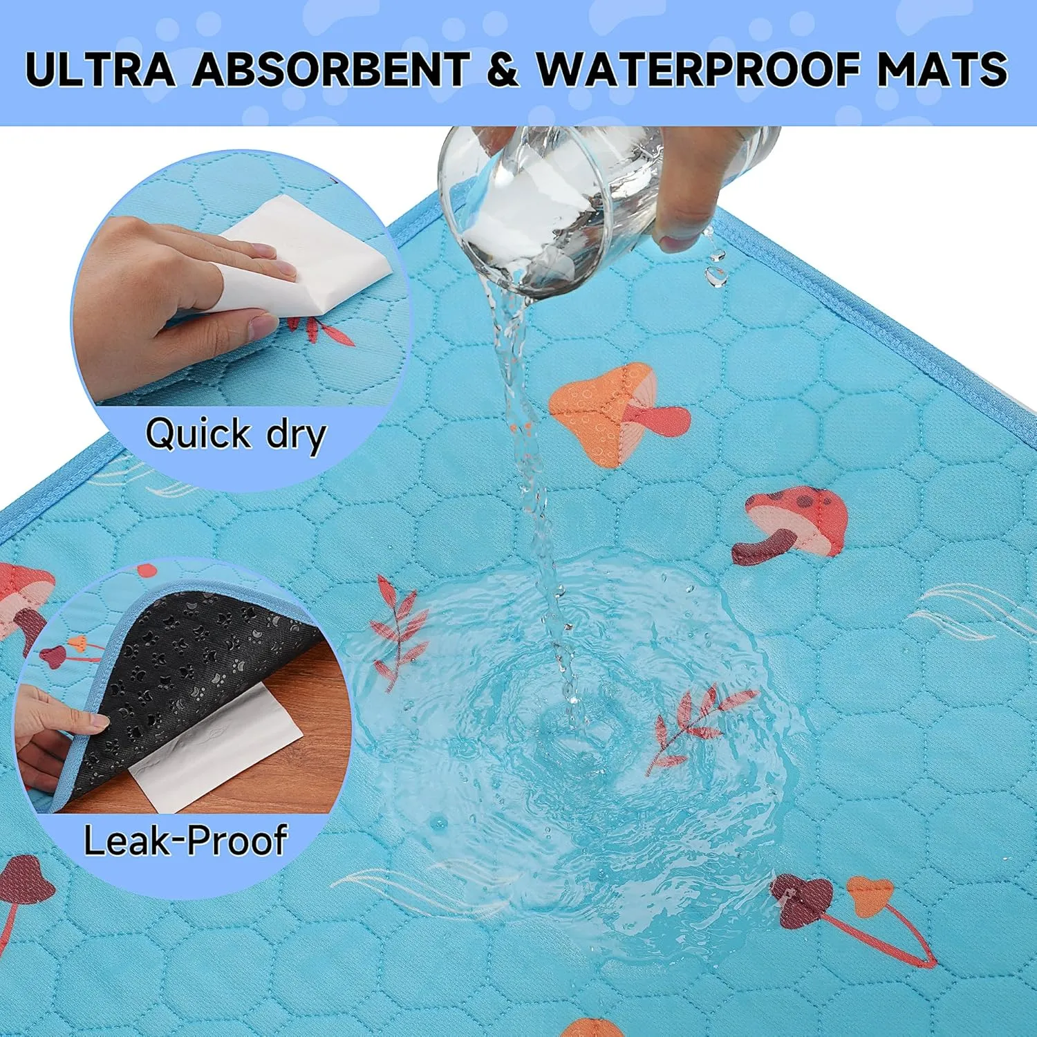 Washable Pee Mats for Dogs, 2-Pack Reusable Puppy Pads, Waterproof Non-Slip Wee Wee Pad, Absorbent and Leakproof Training Mats for Potty, Crate, Playpen, Bed, Sofa, 54'x 54'