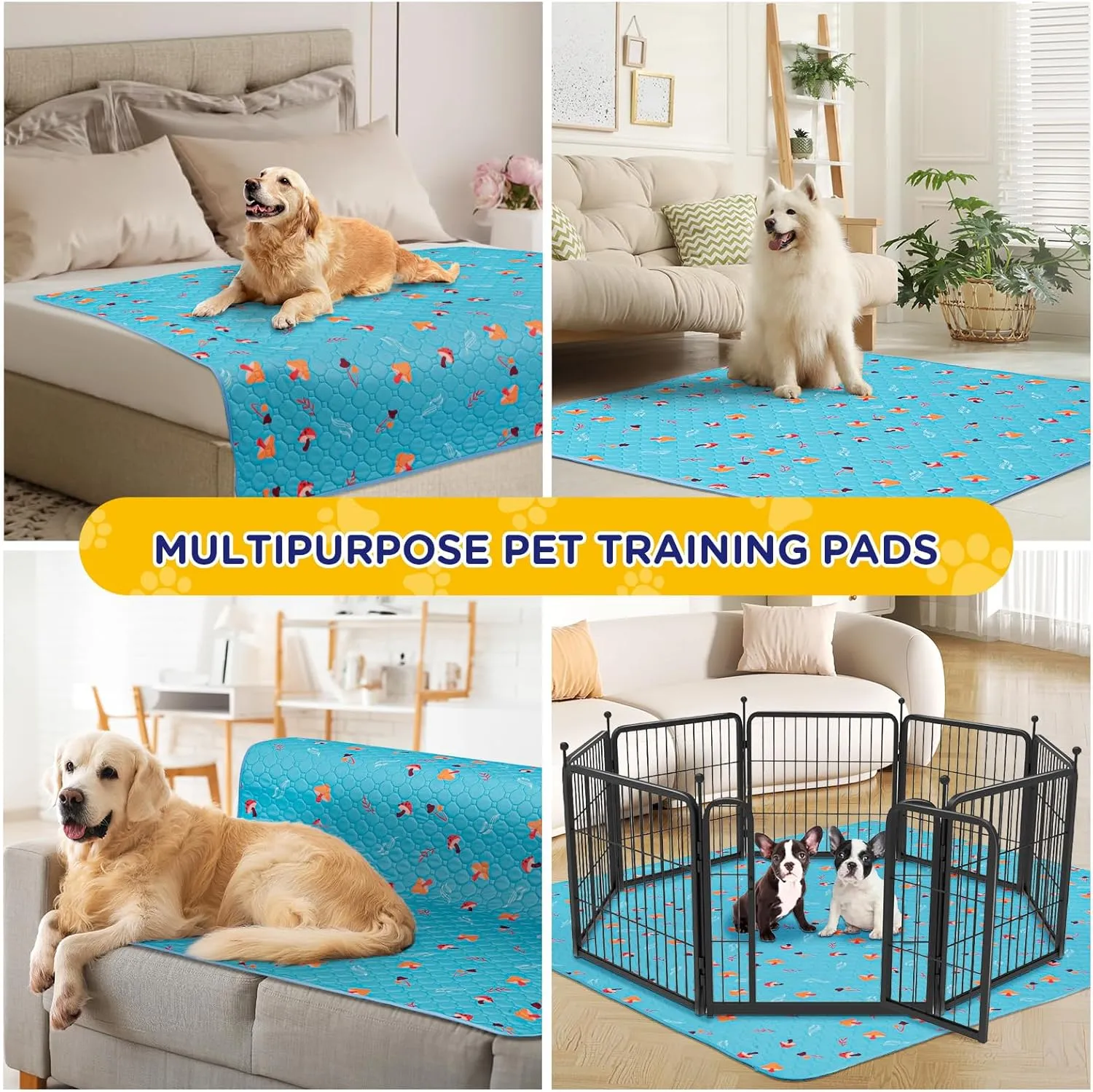Washable Pee Mats for Dogs, 2-Pack Reusable Puppy Pads, Waterproof Non-Slip Wee Wee Pad, Absorbent and Leakproof Training Mats for Potty, Crate, Playpen, Bed, Sofa, 54'x 54'