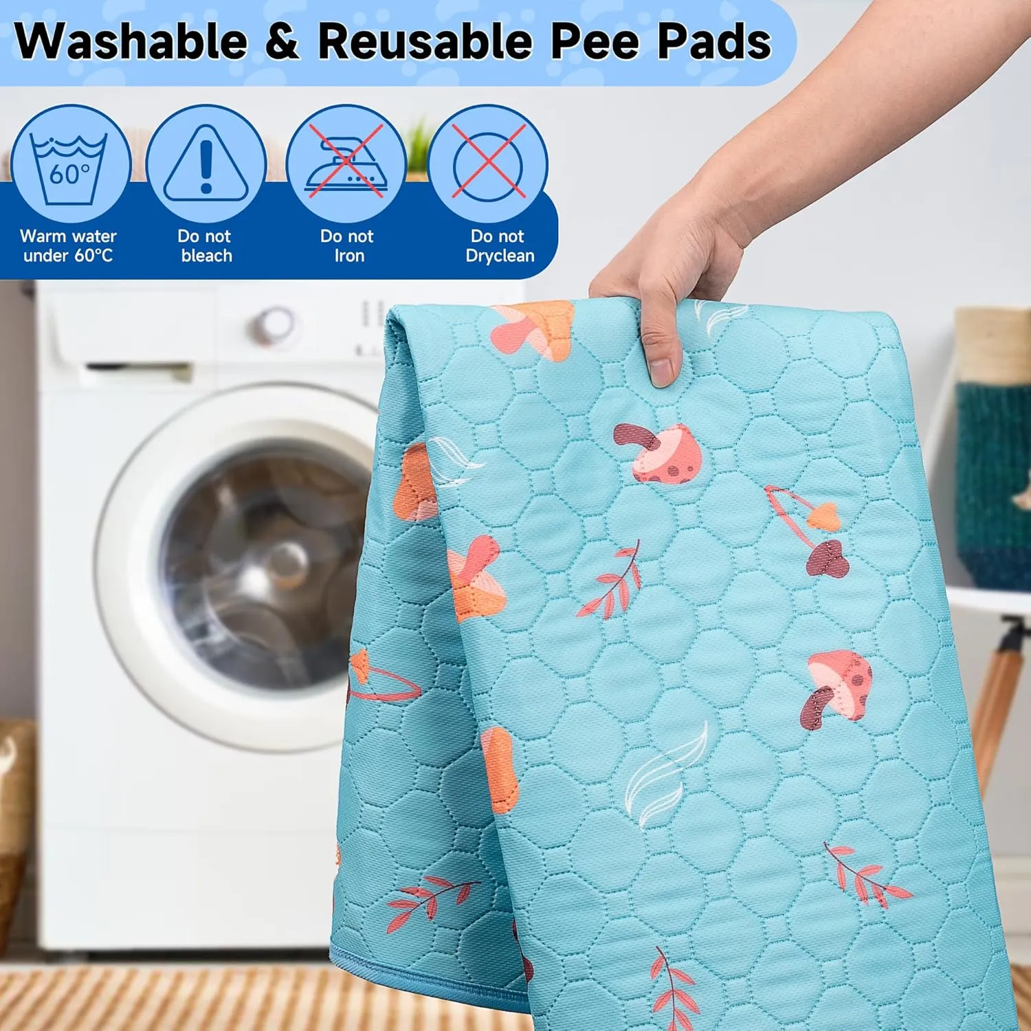 Washable Pee Mats for Dogs, 2-Pack Reusable Puppy Pads, Waterproof Non-Slip Wee Wee Pad, Absorbent and Leakproof Training Mats for Potty, Crate, Playpen, Bed, Sofa, 54'x 54'