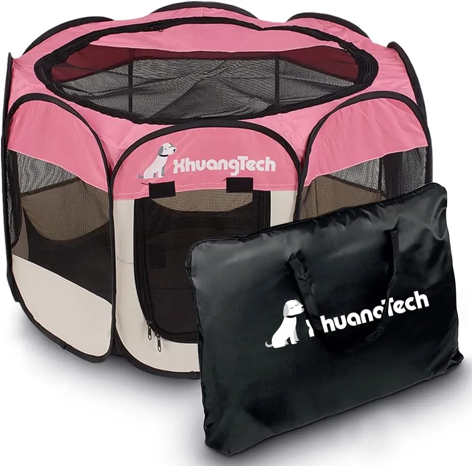 XianghuangTechnologyPet Portable Foldable Playpen, Dog/Cat/Puppy Exercise Pen Kennel, Removable Mesh Shade Cover (Pink)