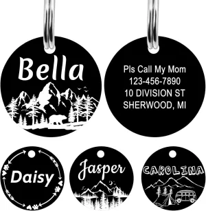 YEHANTI Stainless Steel Personalized Pet ID Tag, Funny Double Sided Engraved, Round Name Tag for Dog Cat Collar, Unique and Cute Design, Black