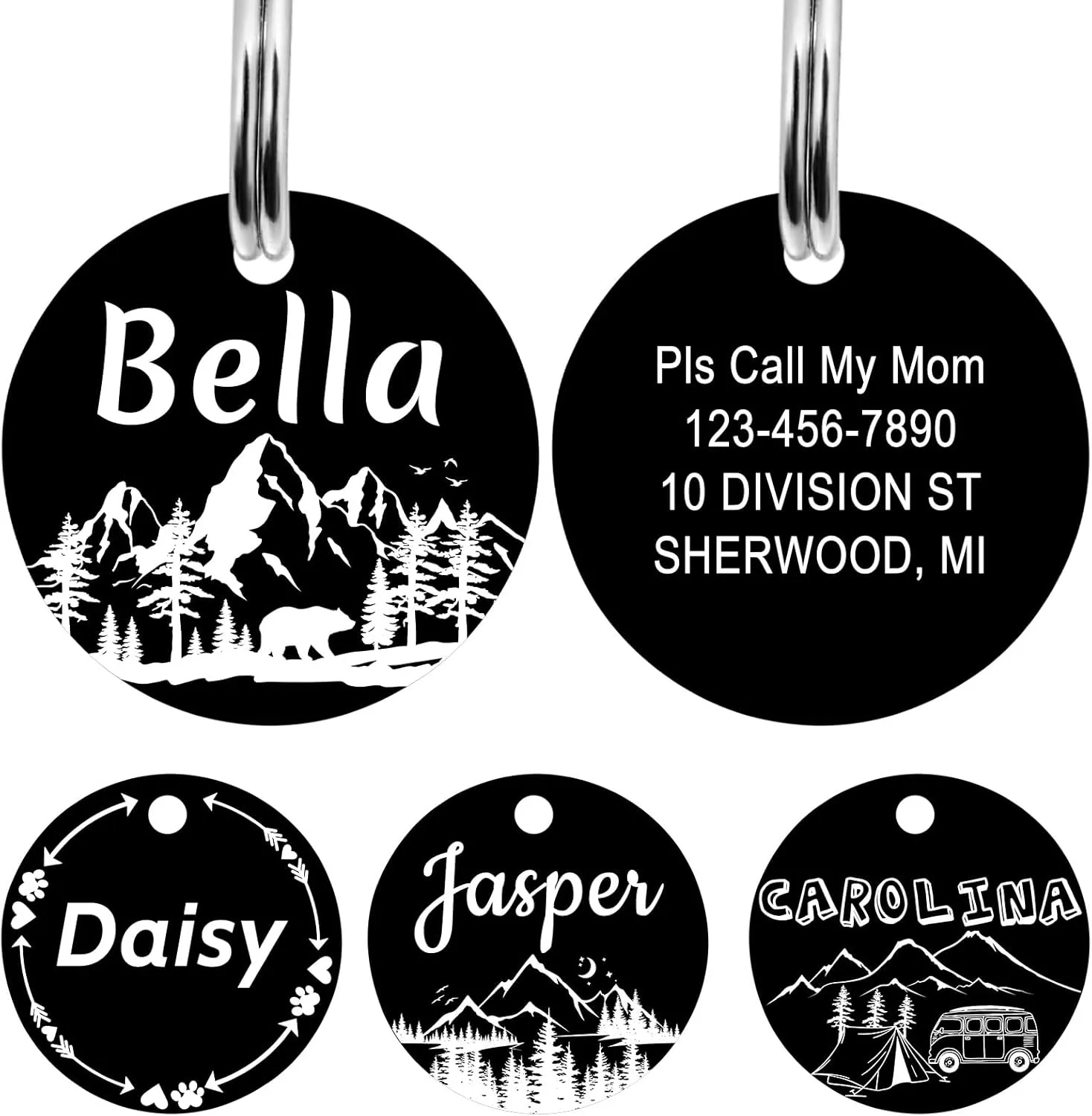 YEHANTI Stainless Steel Personalized Pet ID Tag, Funny Double Sided Engraved, Round Name Tag for Dog Cat Collar, Unique and Cute Design, Black